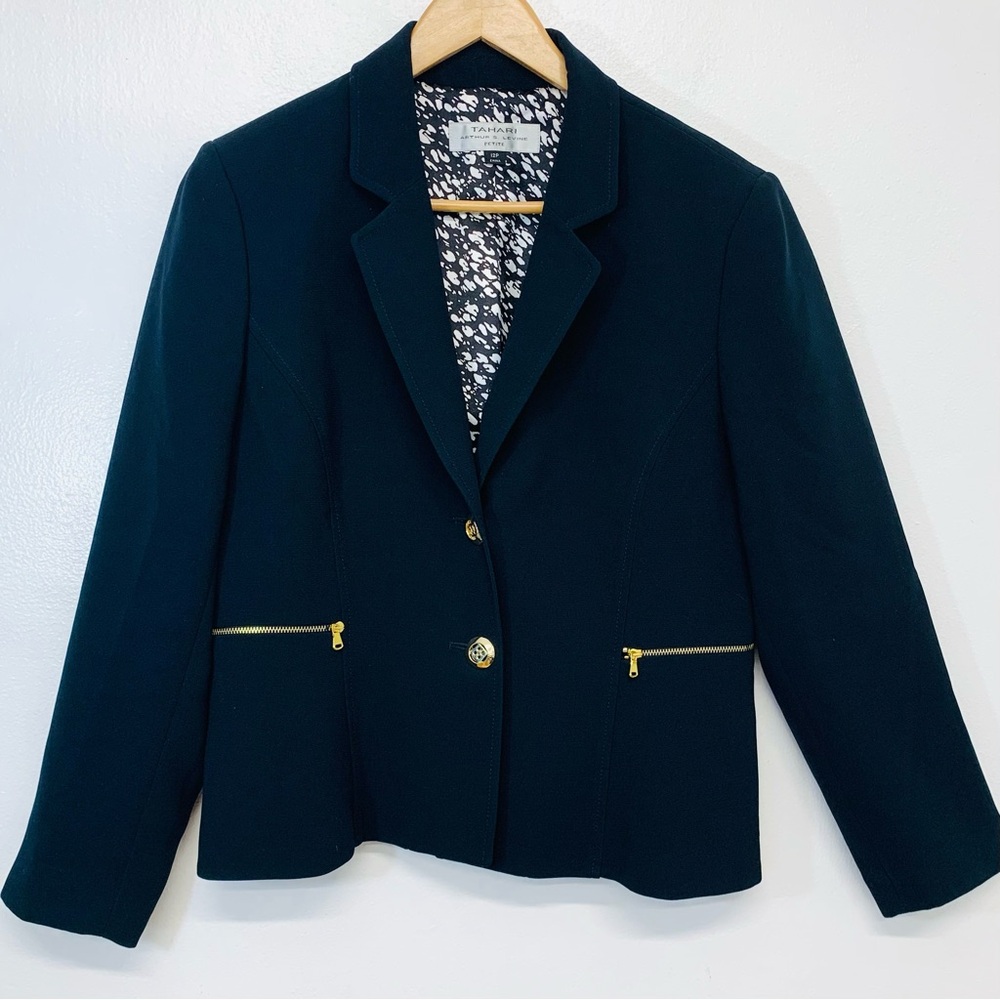 Tahari Blazer Jacket Woman 12P Black Gold Button Lined Business Career Classic